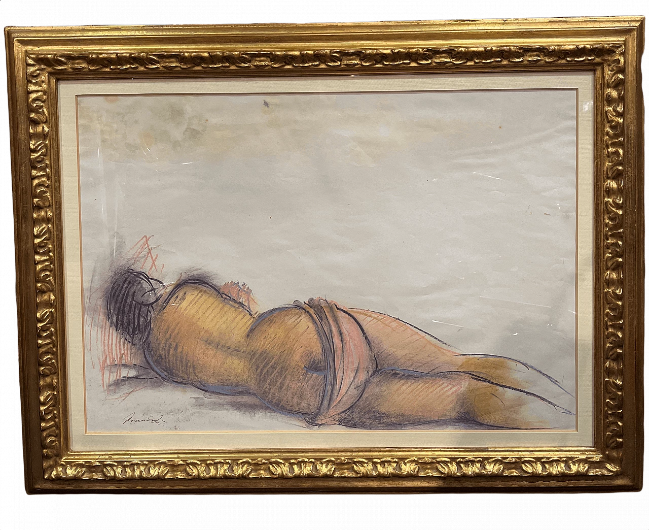 Drawing with coloured pencil of Giacomo Manzù's Lying Nude, 1970s 1464301