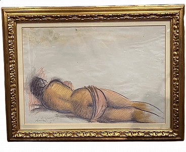 Drawing with coloured pencil of Giacomo Manzù's Lying Nude, 1970s