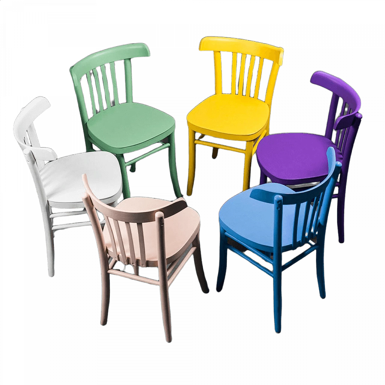 6 Sedie in legno multicolore, anni '50 1464322
