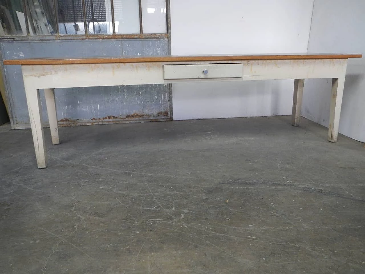 Spruce wood industrial table stained white, 1960s 1465947