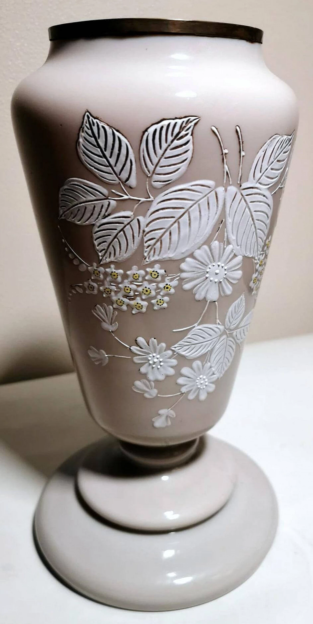 Grey opaline glass vase with hand-painted flowers, 1930s 1466054