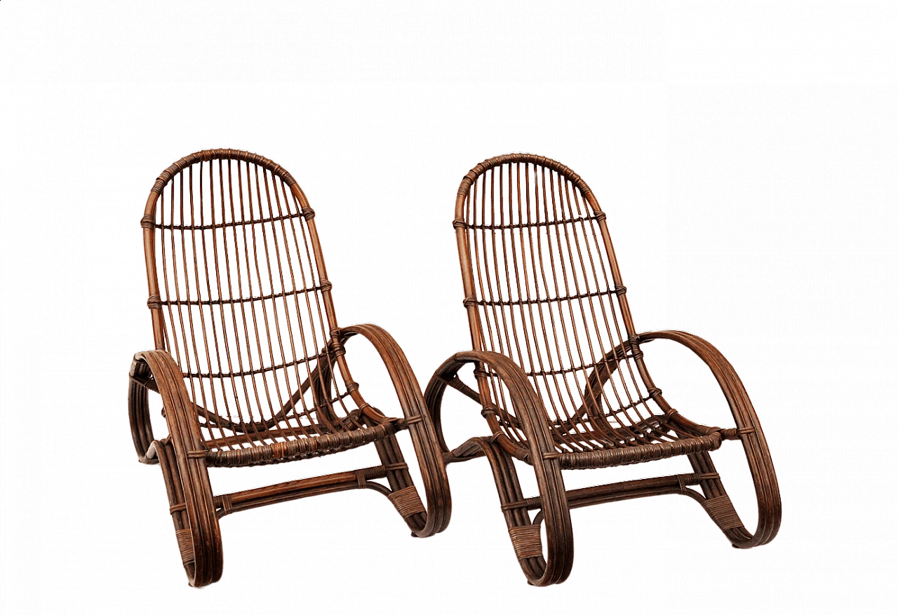 Pair of armchairs in rattan and Indian cane, 1970s 1466171