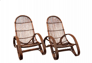Pair of armchairs in rattan and Indian cane, 1970s
