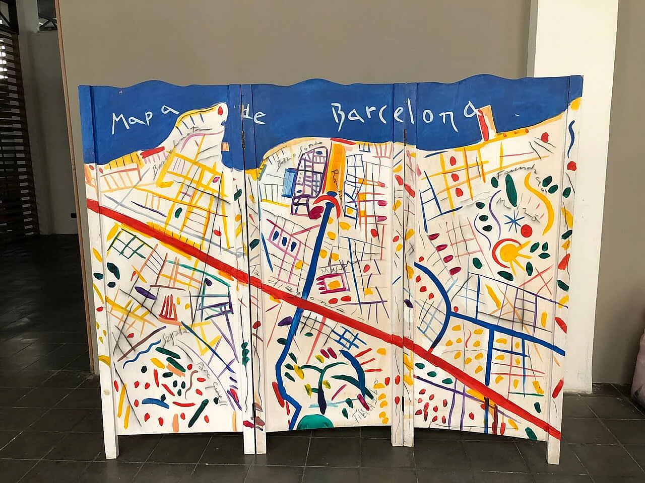 Paravento in legno con mappa di Barcellona, anni '90 1466329