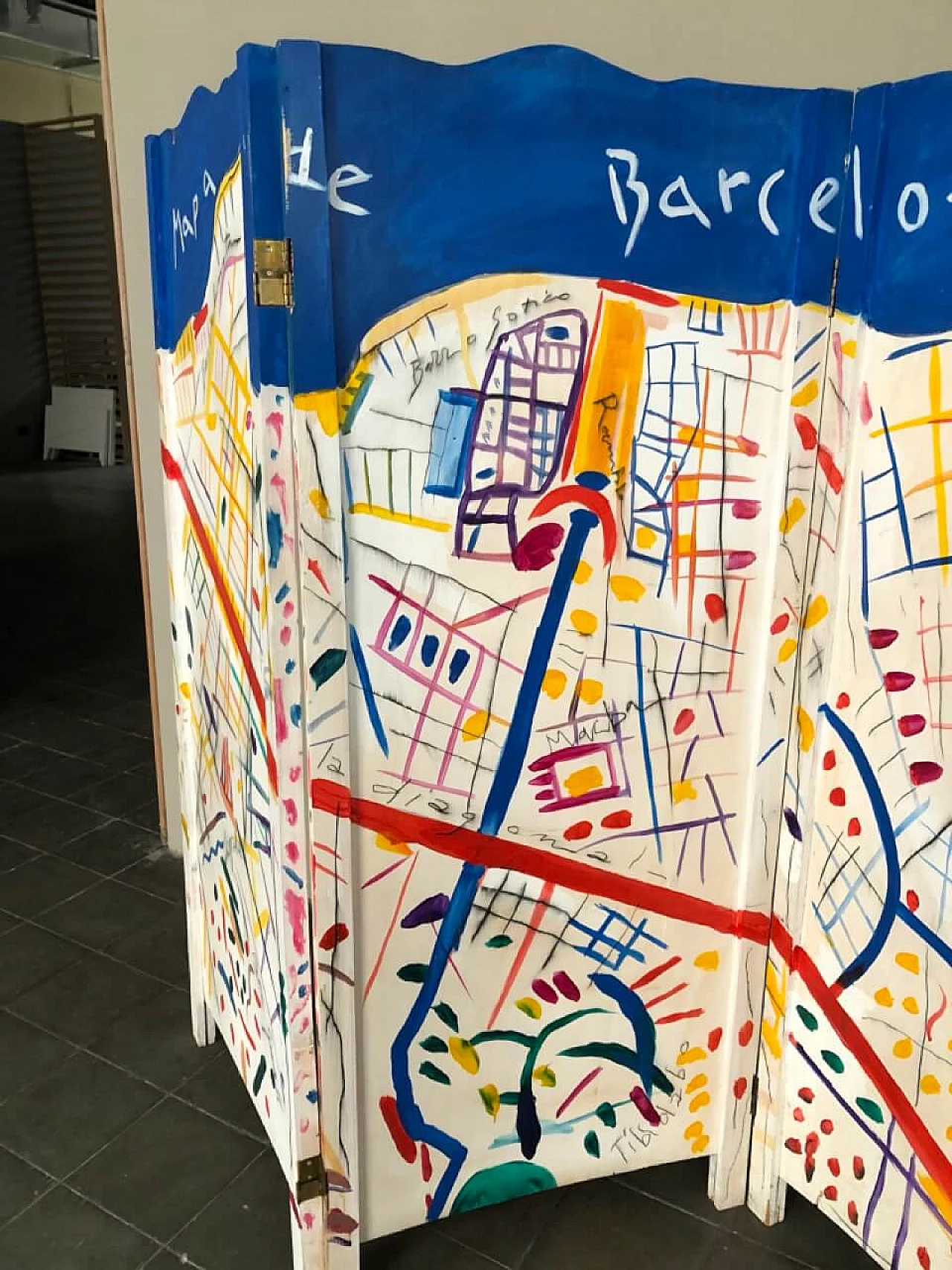 Paravento in legno con mappa di Barcellona, anni '90 1466332