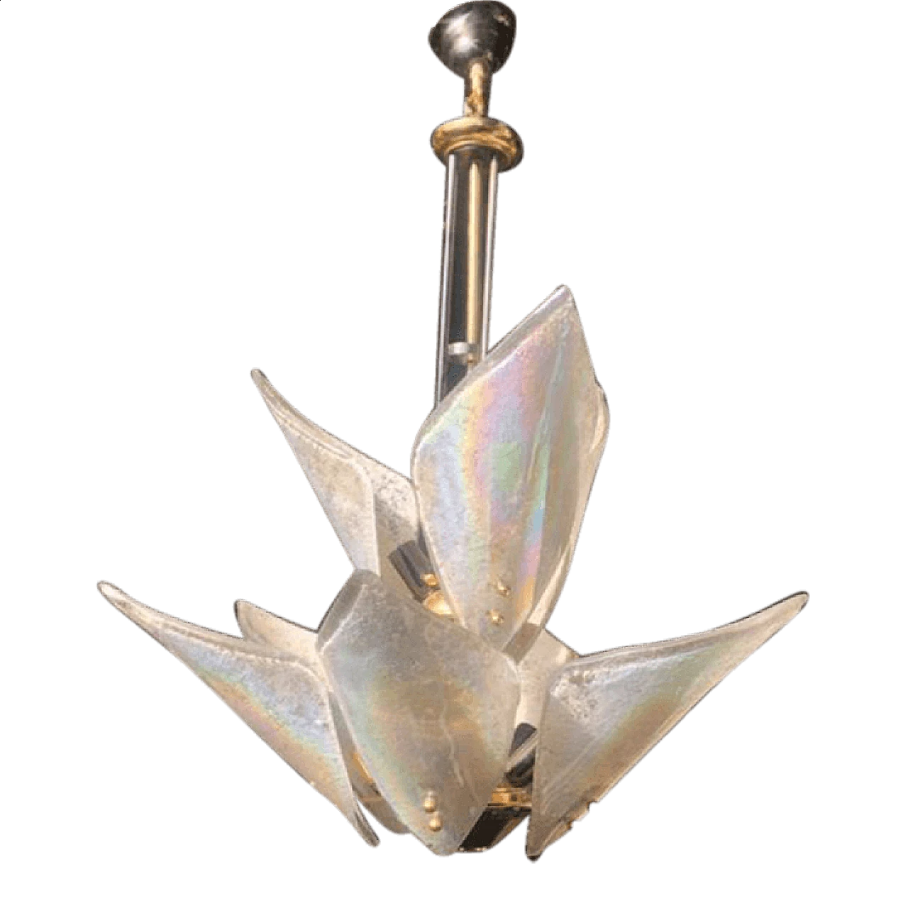 Chandelier in iridescent lattimo Murano glass and painted metal by Gaetano Sciolari, 80s 1466487