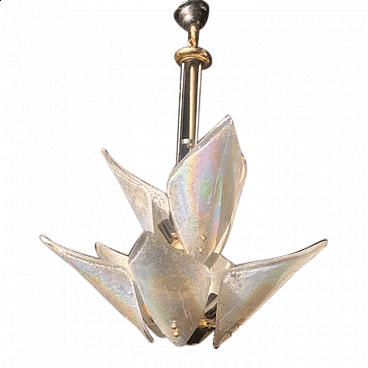 Lampadario in vetro di Murano lattimo iridescente e metallo dipinto di Gaetano Sciolari, anni '80
