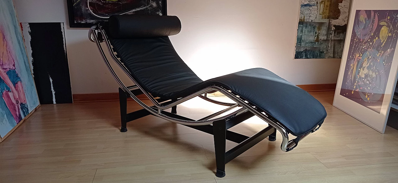 Chaise longue LC4 di Le Corbusier in pelle nera dal Alivar Mvsevm, anni '80 1467233