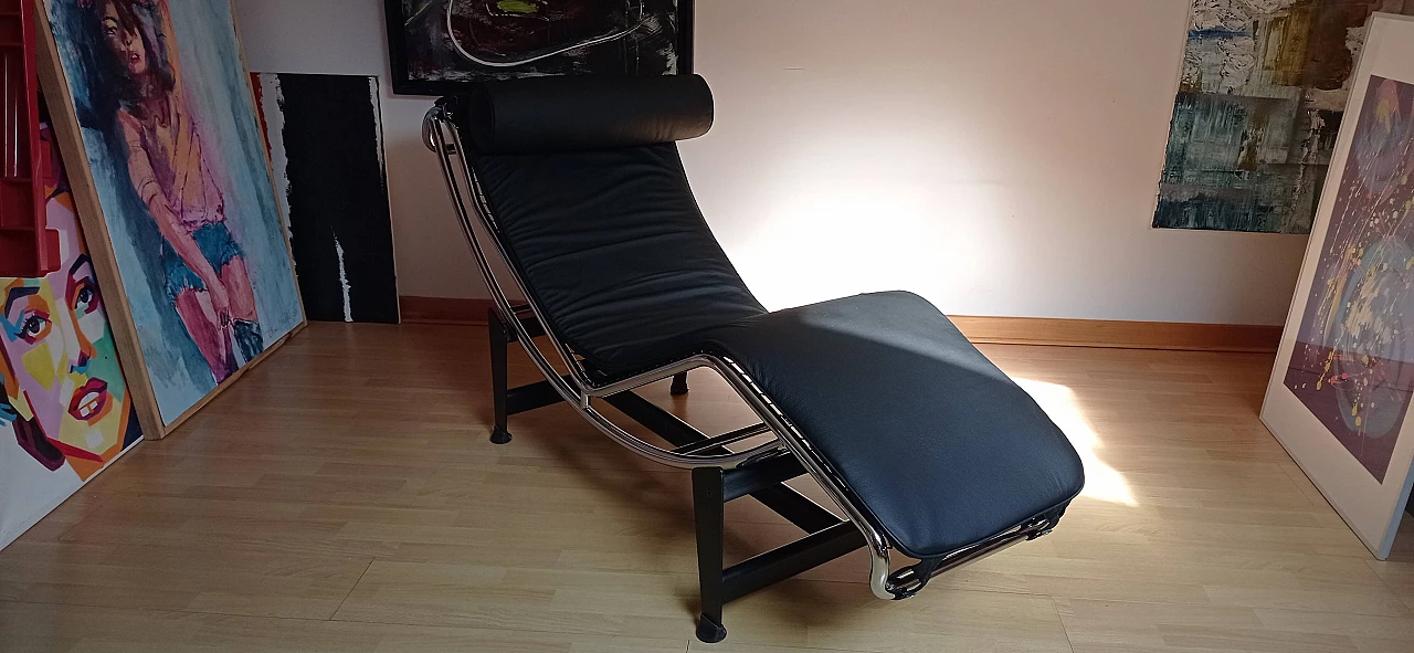 Chaise longue LC4 di Le Corbusier in pelle nera dal Alivar Mvsevm, anni '80 1467234