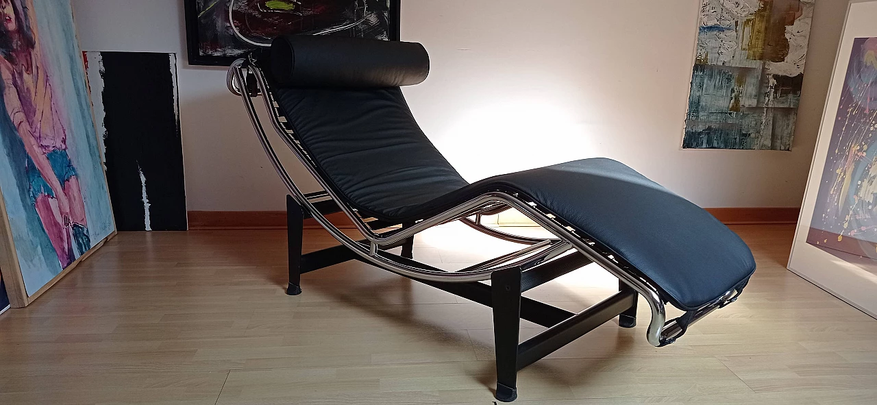 Chaise longue LC4 di Le Corbusier in pelle nera dal Alivar Mvsevm, anni '80 1467241