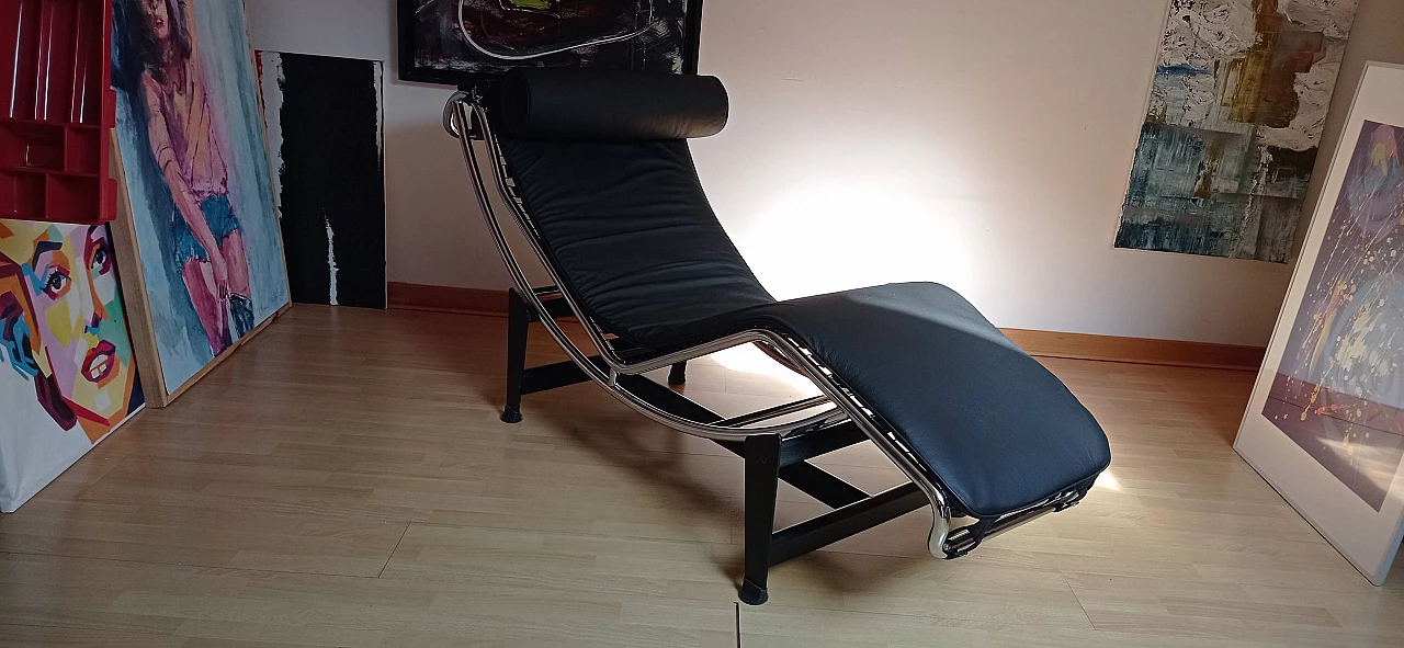 Chaise longue LC4 di Le Corbusier in pelle nera dal Alivar Mvsevm, anni '80 1467245