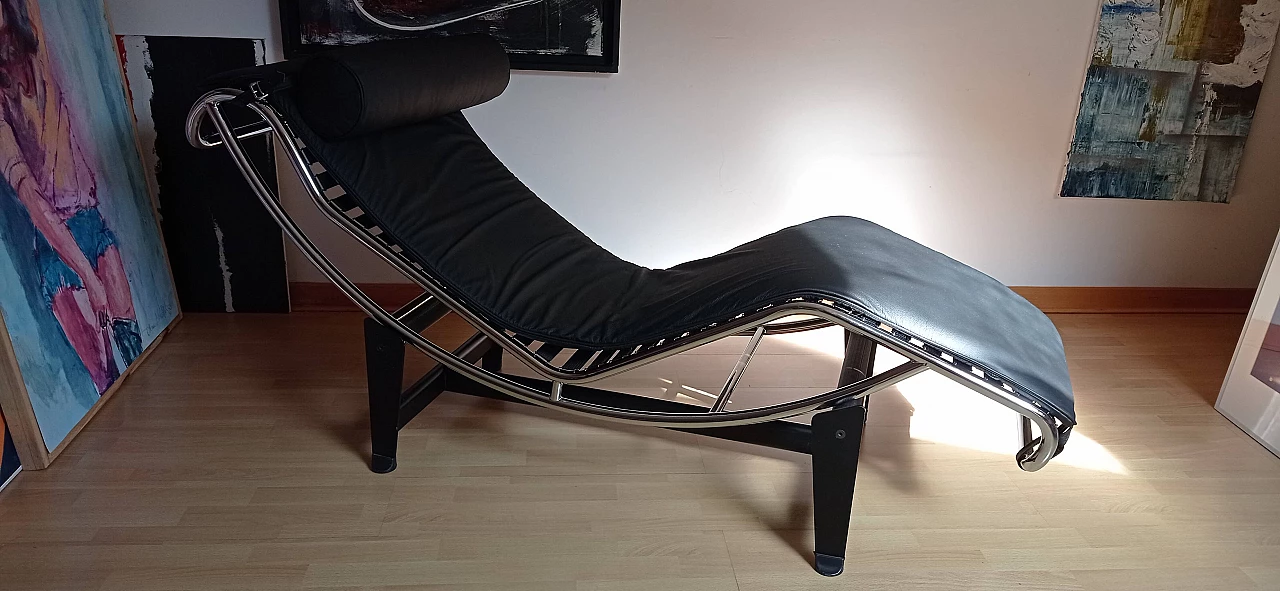 Chaise longue LC4 di Le Corbusier in pelle nera dal Alivar Mvsevm, anni '80 1467247