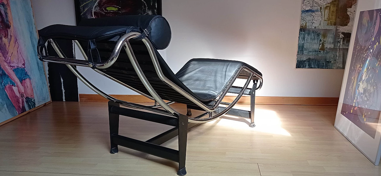 Chaise longue LC4 di Le Corbusier in pelle nera dal Alivar Mvsevm, anni '80 1467286