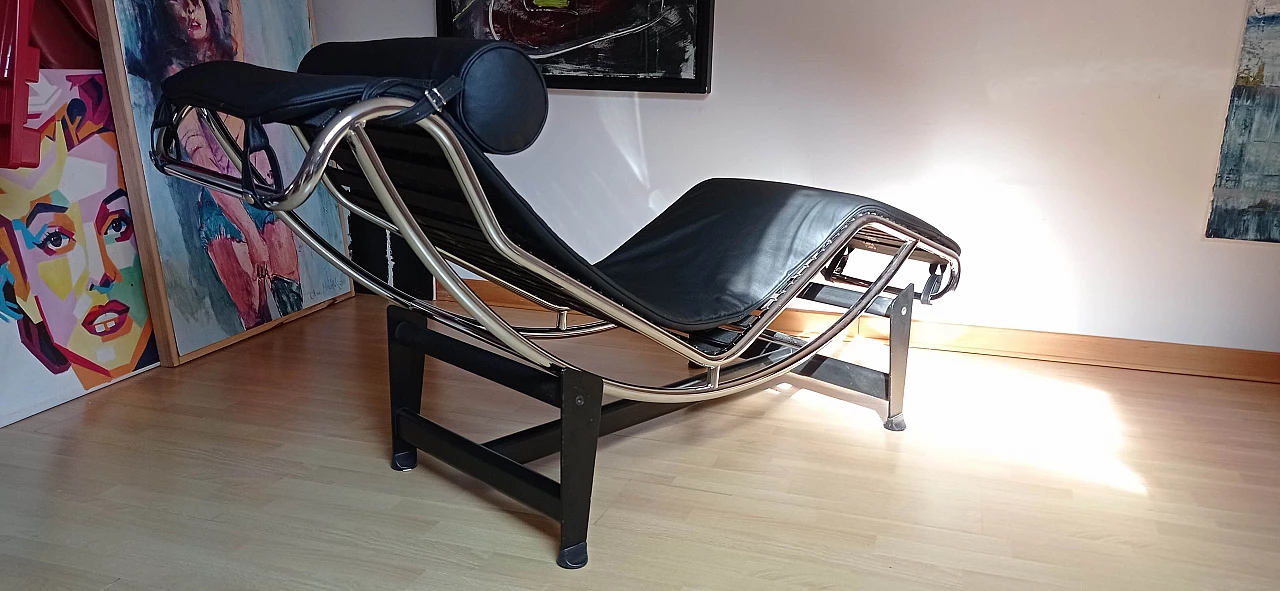 Chaise longue LC4 di Le Corbusier in pelle nera dal Alivar Mvsevm, anni '80 1467292