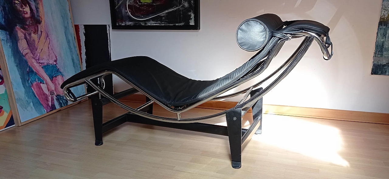 Chaise longue LC4 di Le Corbusier in pelle nera dal Alivar Mvsevm, anni '80 1467310