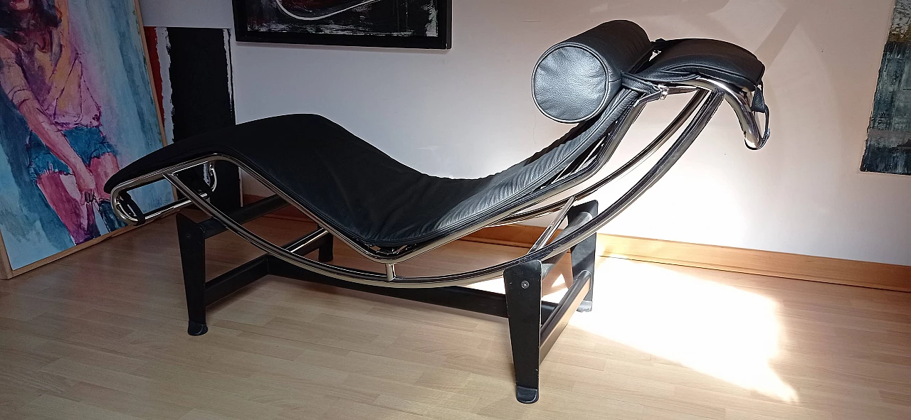 Chaise longue LC4 di Le Corbusier in pelle nera dal Alivar Mvsevm, anni '80 1467311