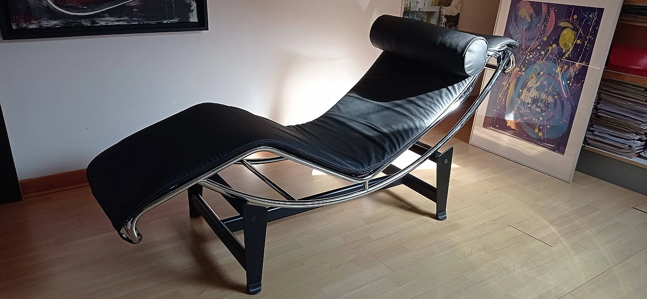 Chaise longue LC4 di Le Corbusier in pelle nera dal Alivar Mvsevm, anni '80 1467320