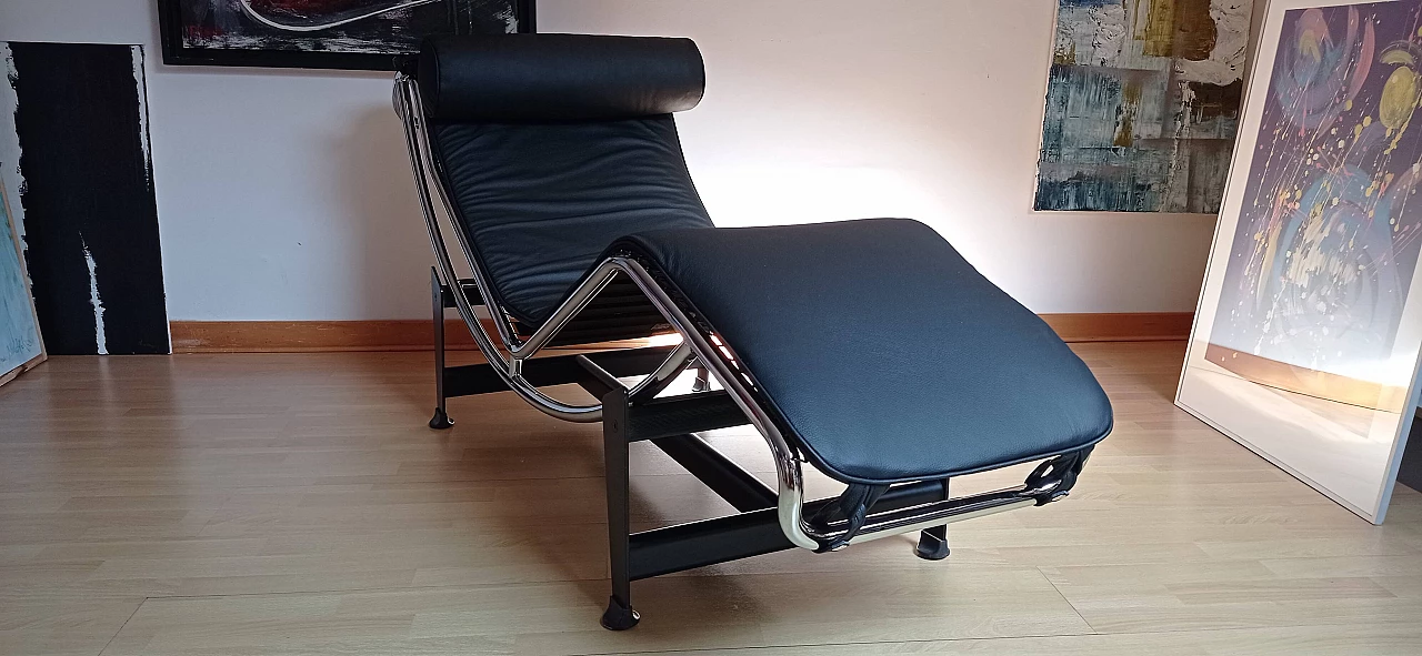 Chaise longue LC4 di Le Corbusier in pelle nera dal Alivar Mvsevm, anni '80 1467333