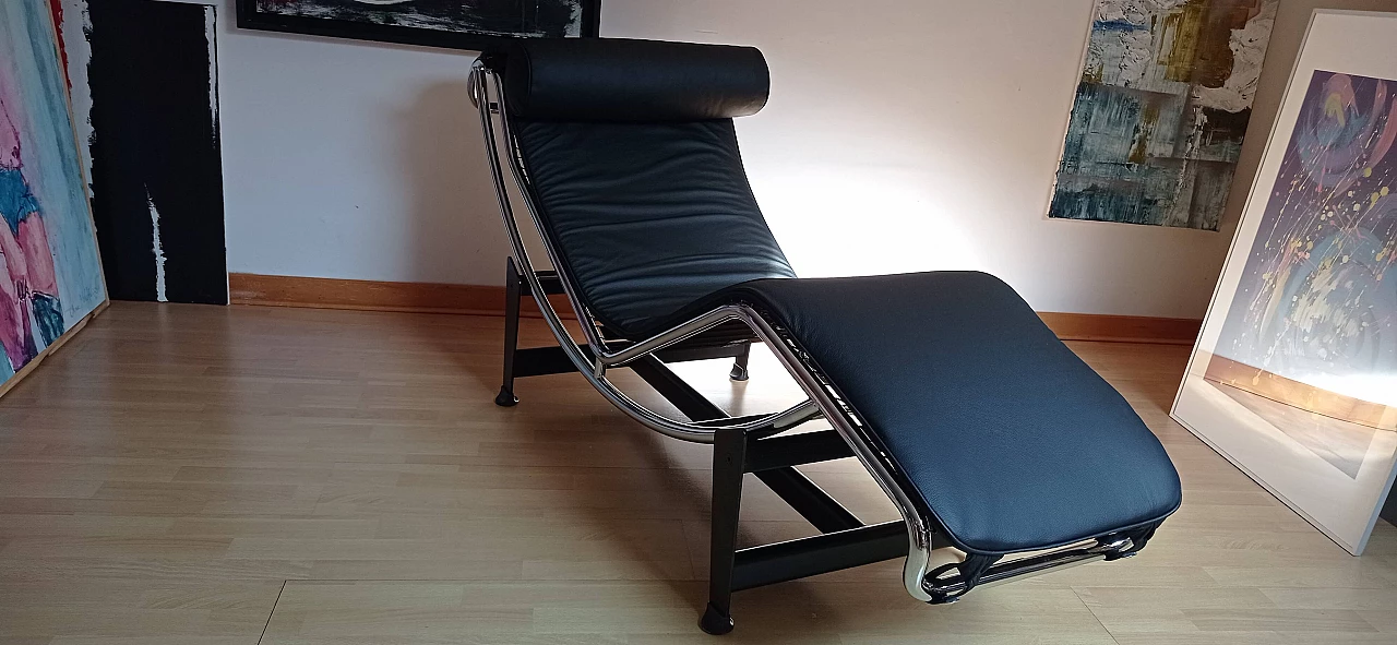 Chaise longue LC4 di Le Corbusier in pelle nera dal Alivar Mvsevm, anni '80 1467341