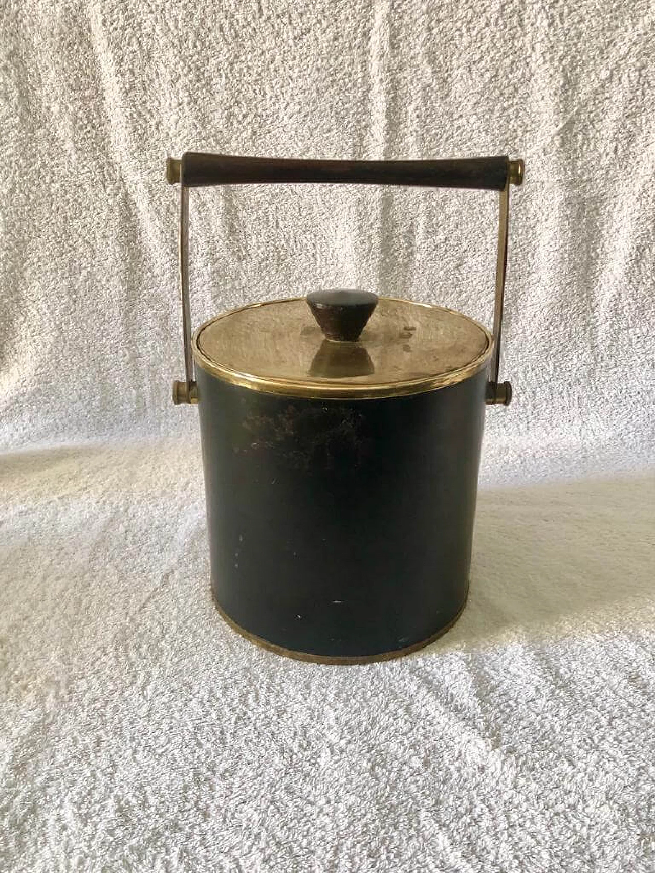 Ice bucket in wood, solid brass and plastic, 50s 1468241