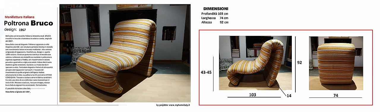 Poltrona Bruco rivestita in tessuto, anni '60 1469313