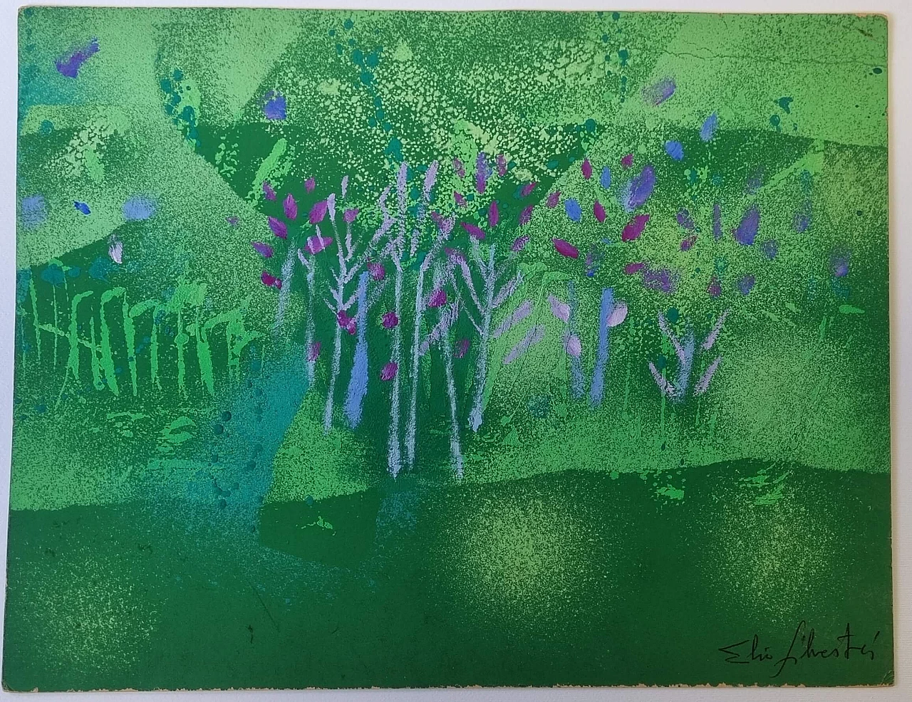 Tempera on cardboard Meadow and purple forest by Elio Silvestri, 1960s 1469843