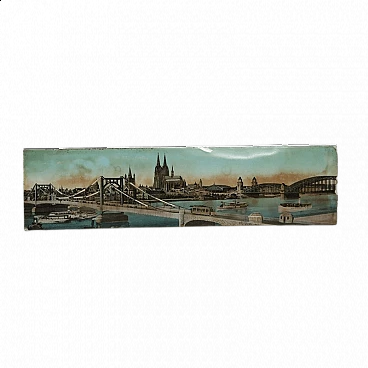 Print of view of bridges on domed glass with inlays of mother-of-pearl, 19th century