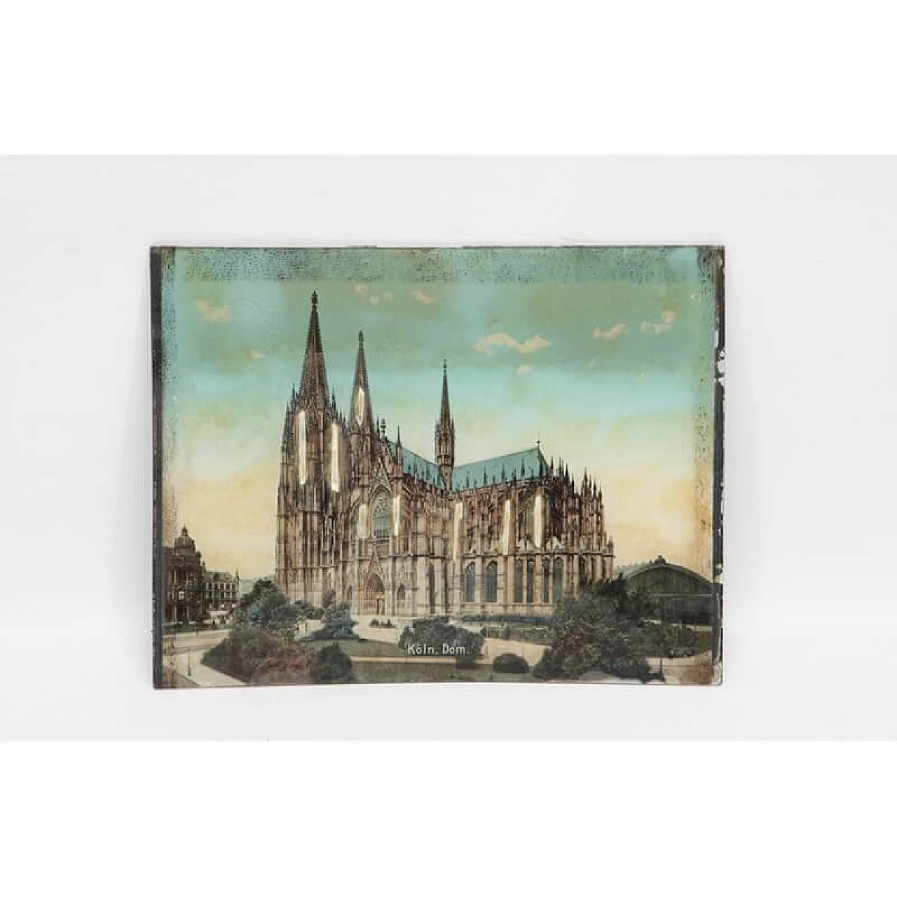 Stampa di veduta di cattedrale su vetro bombato con inserti in madreperla, '800 1470138