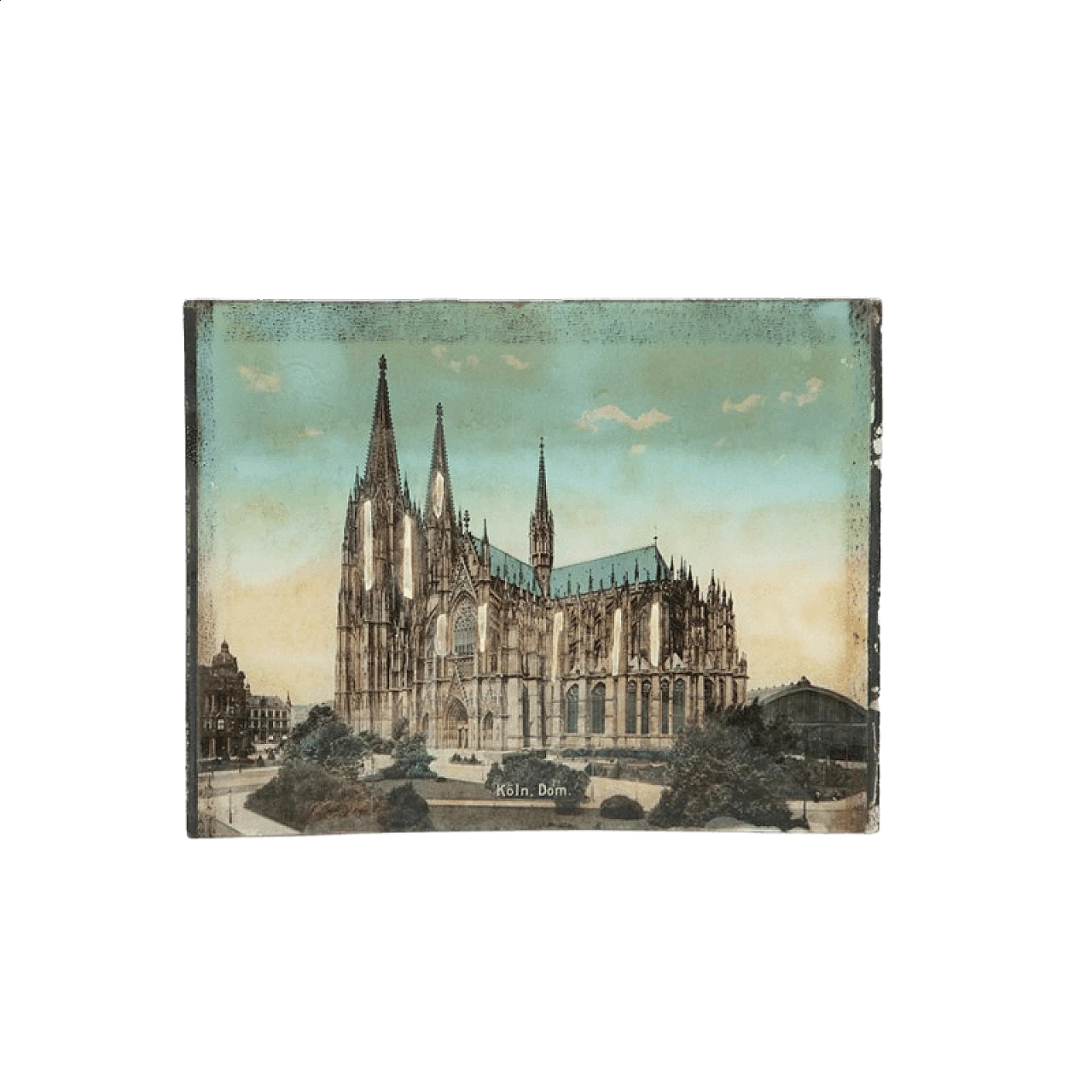 Stampa di veduta di cattedrale su vetro bombato con inserti in madreperla, '800 1470148