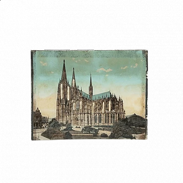 Stampa di veduta di cattedrale su vetro bombato con inserti in madreperla, '800