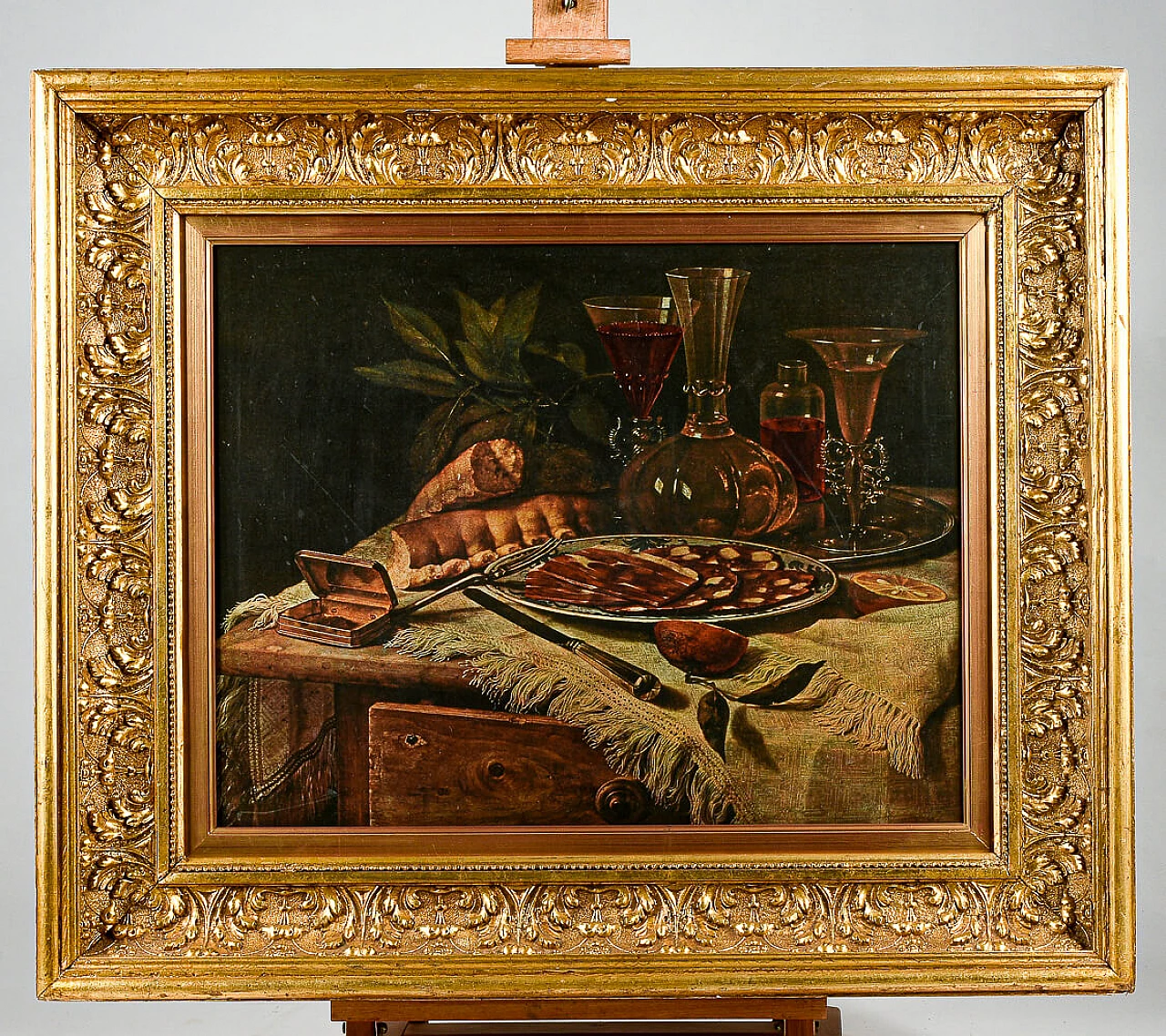 Frame in gilded wood with still life print, 80s 1470161