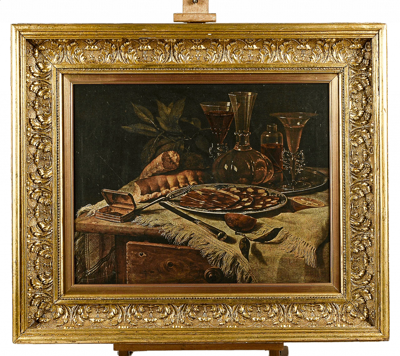 Frame in gilded wood with still life print, 80s 1470178