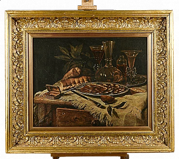 Frame in gilded wood with still life print, 80s