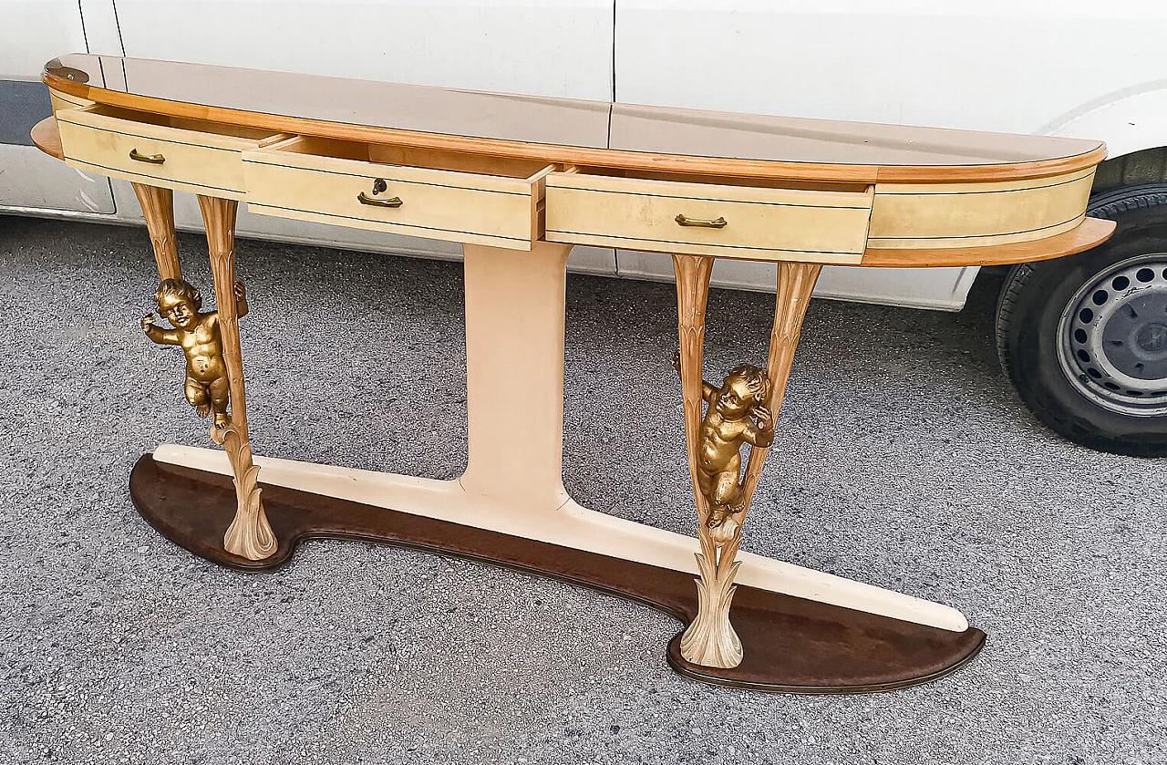 Consolle in legno e pergamena con piano in vetro e decorazioni in ottone di Associazione Artigiani Canturini del mobile, anni '50 1470239