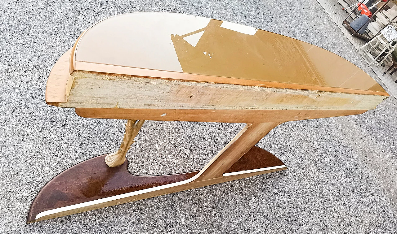 Consolle in legno e pergamena con piano in vetro e decorazioni in ottone di Associazione Artigiani Canturini del mobile, anni '50 1470242