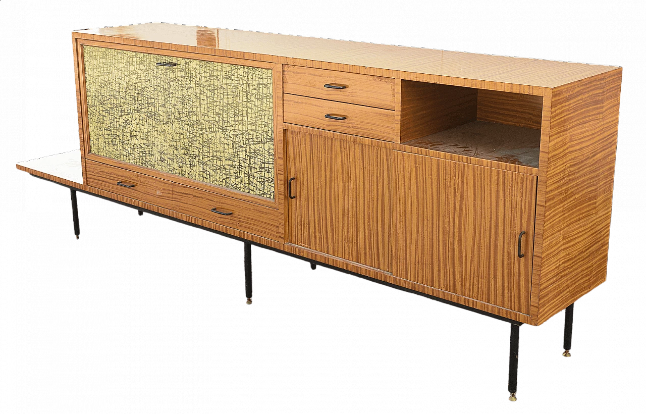Sideboard in wood, painted metal and brass with decorated flap door, 60s 1470255