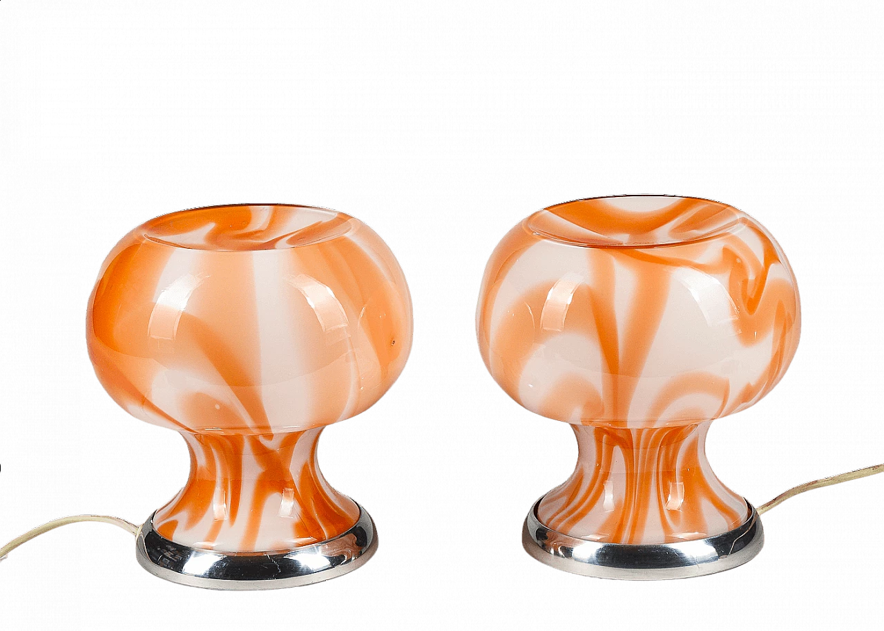 Coppia di lampade da tavolo nello stile di Carlo Moretti in vetro di Murano e metallo cromato, anni '70 1470295