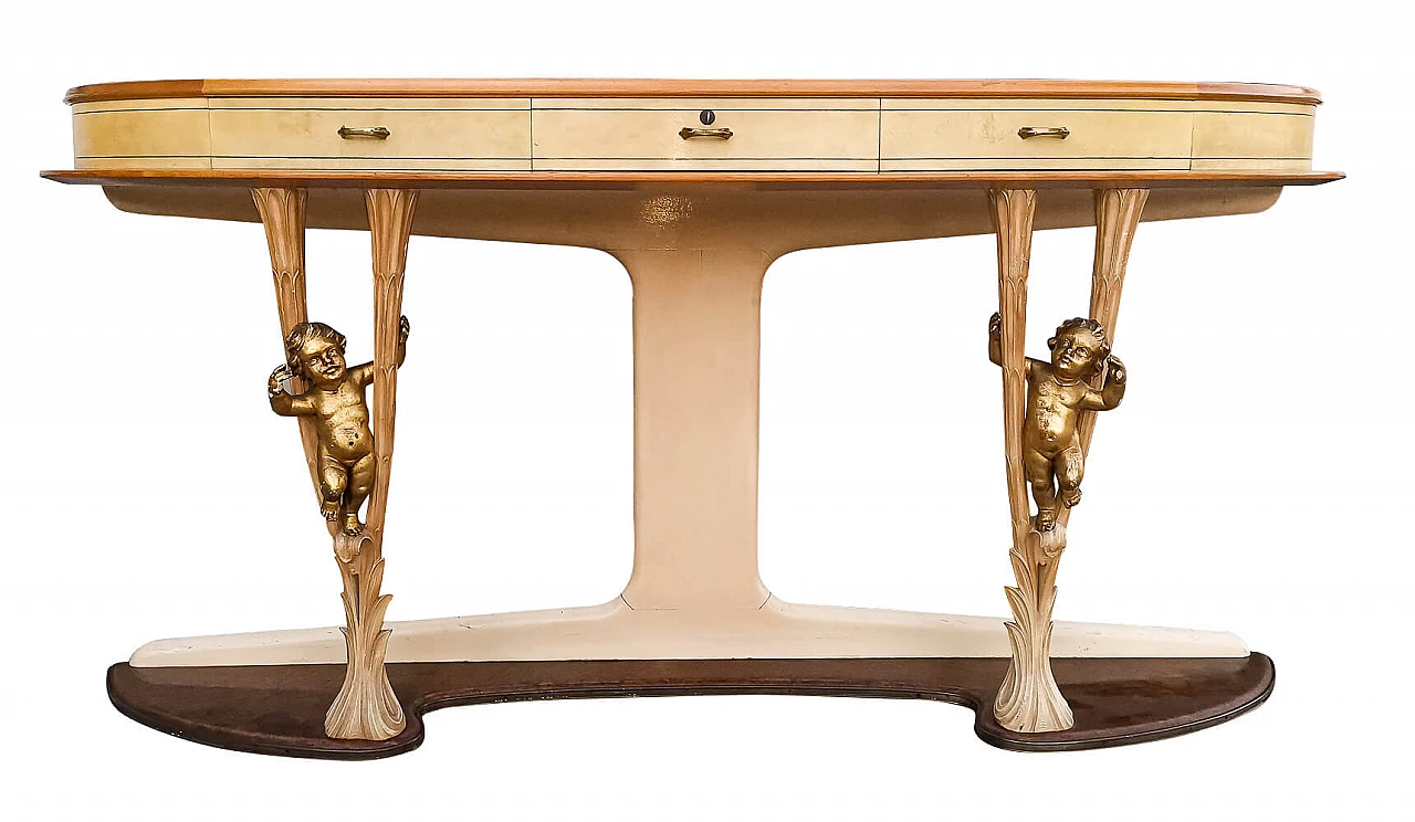 Consolle in legno e pergamena con piano in vetro e decorazioni in ottone di Associazione Artigiani Canturini del mobile, anni '50 1470446