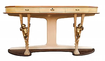 Console in wood and parchment with glass top and brass decorations by Associazione Artigiani Canturini del mobile, 50s