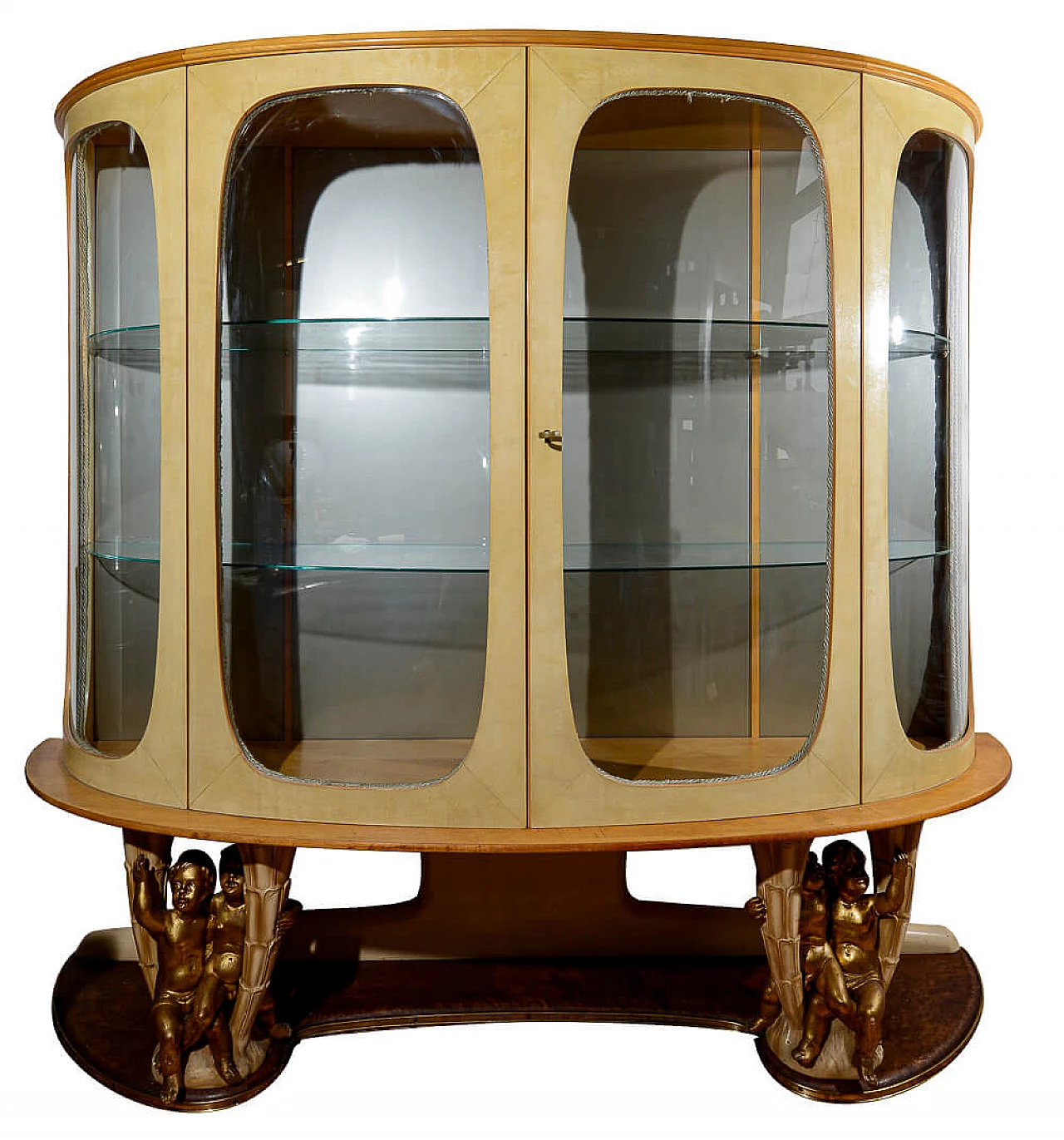Vetrina bombata in vetro, acero, radica, pergamena e ottone di Associazione Artigiani Canturini del mobile, anni '50 1470626