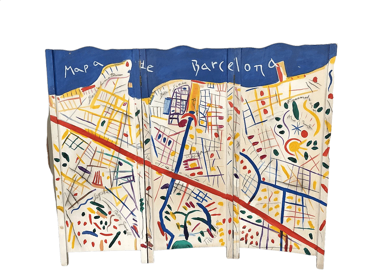 Paravento in legno con mappa di Barcellona, anni '90 1470683