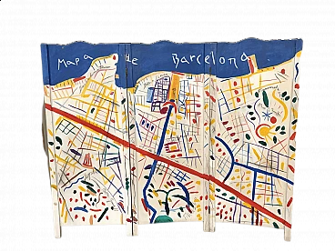 Paravento in legno con mappa di Barcellona, anni '90