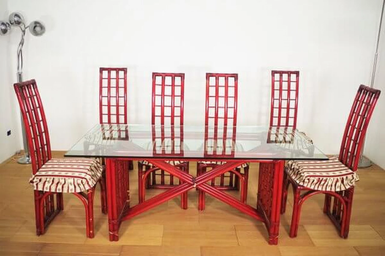 6 Sedie e tavolo in bambù rosso di Arturo Pozzoli, anni '80 1470716