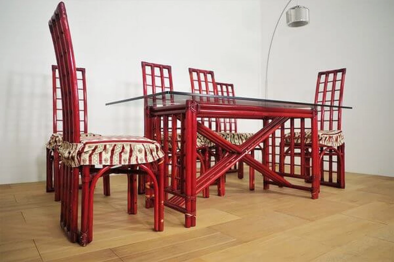 6 Sedie e tavolo in bambù rosso di Arturo Pozzoli, anni '80 1470717