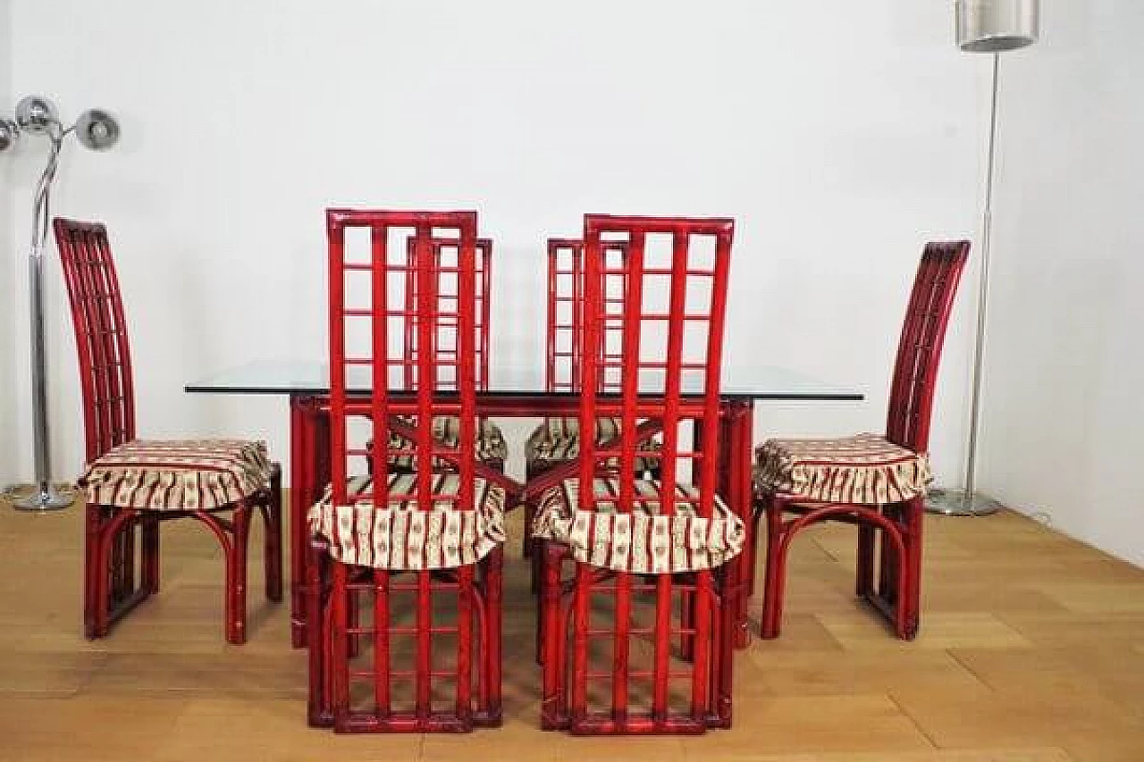 6 Sedie e tavolo in bambù rosso di Arturo Pozzoli, anni '80 1470718