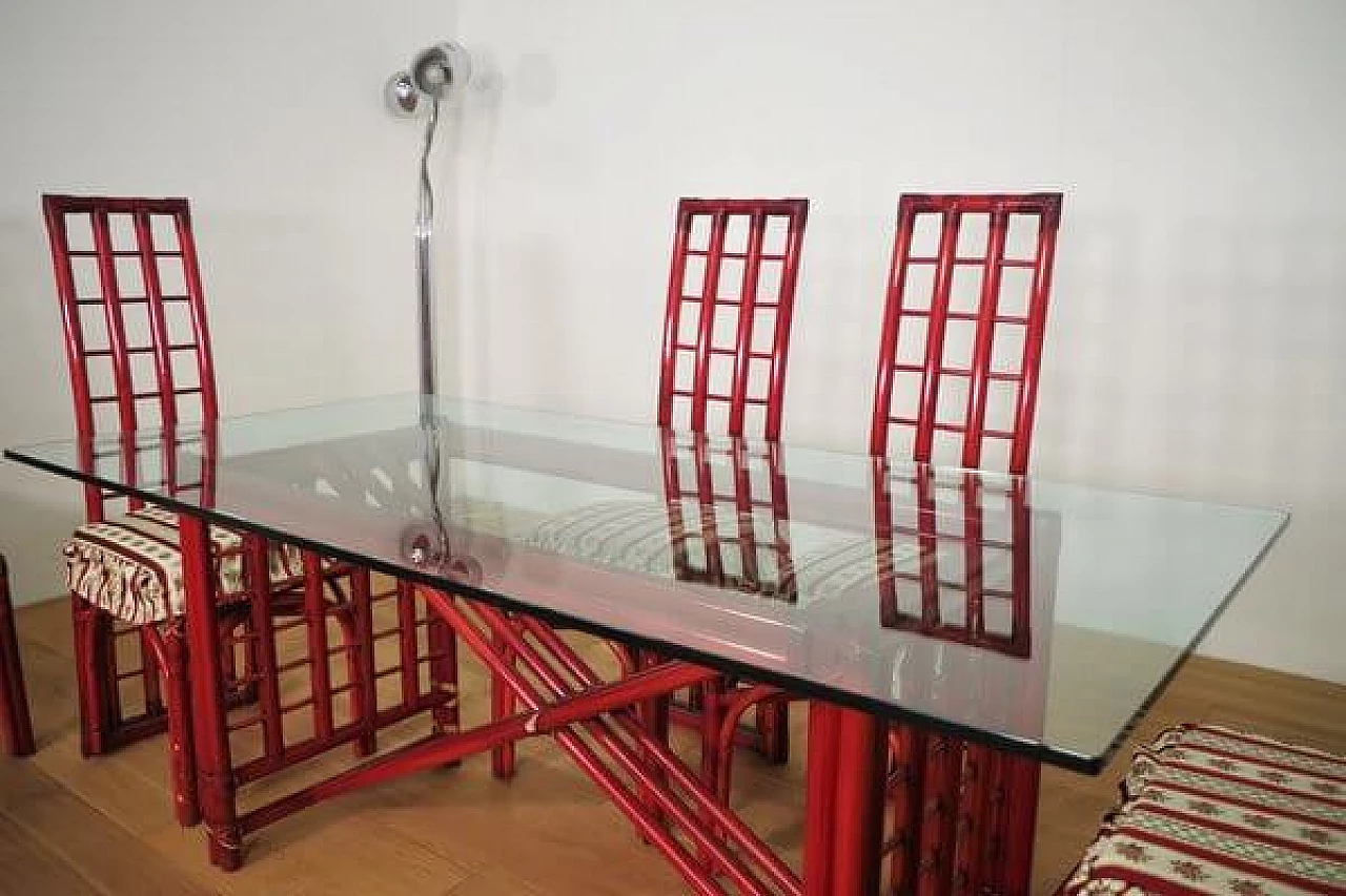 6 Sedie e tavolo in bambù rosso di Arturo Pozzoli, anni '80 1470719