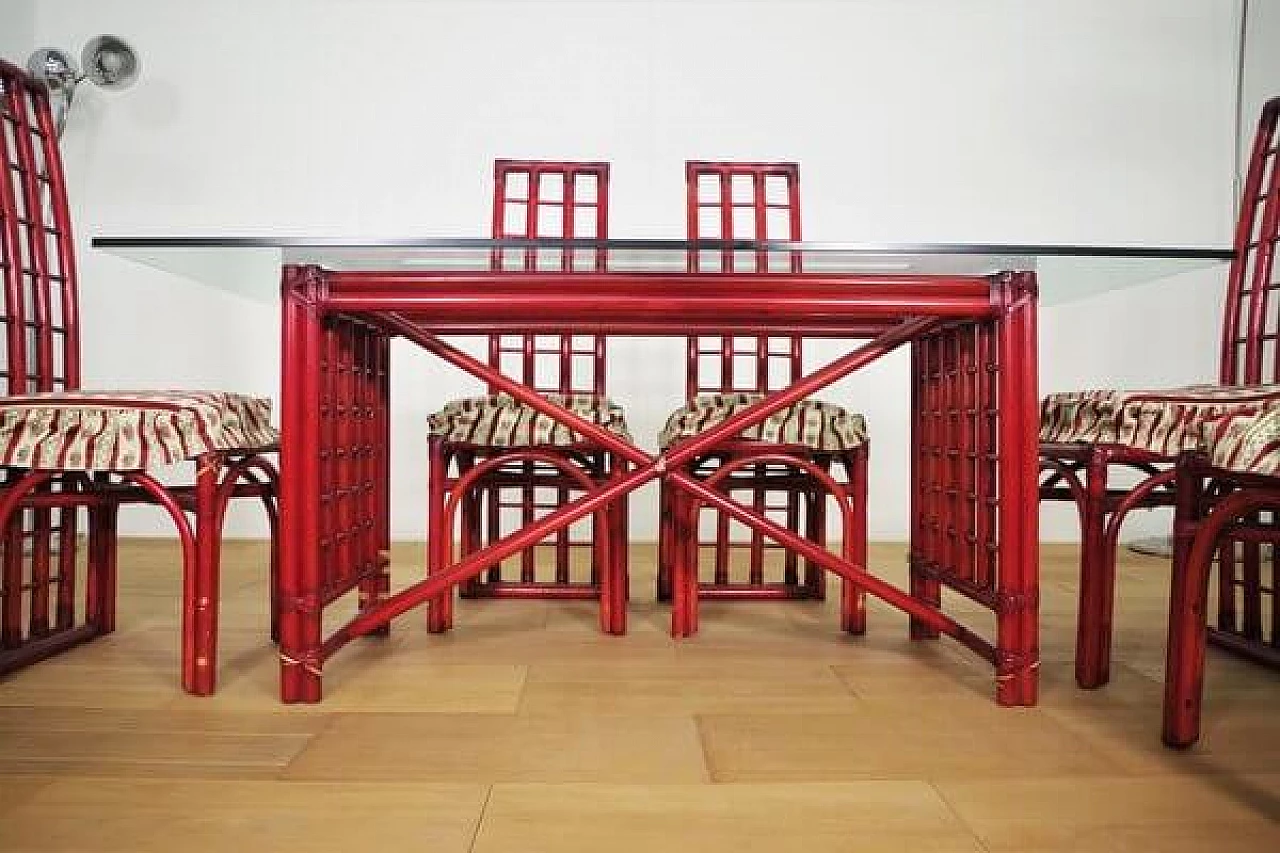 6 Sedie e tavolo in bambù rosso di Arturo Pozzoli, anni '80 1470720