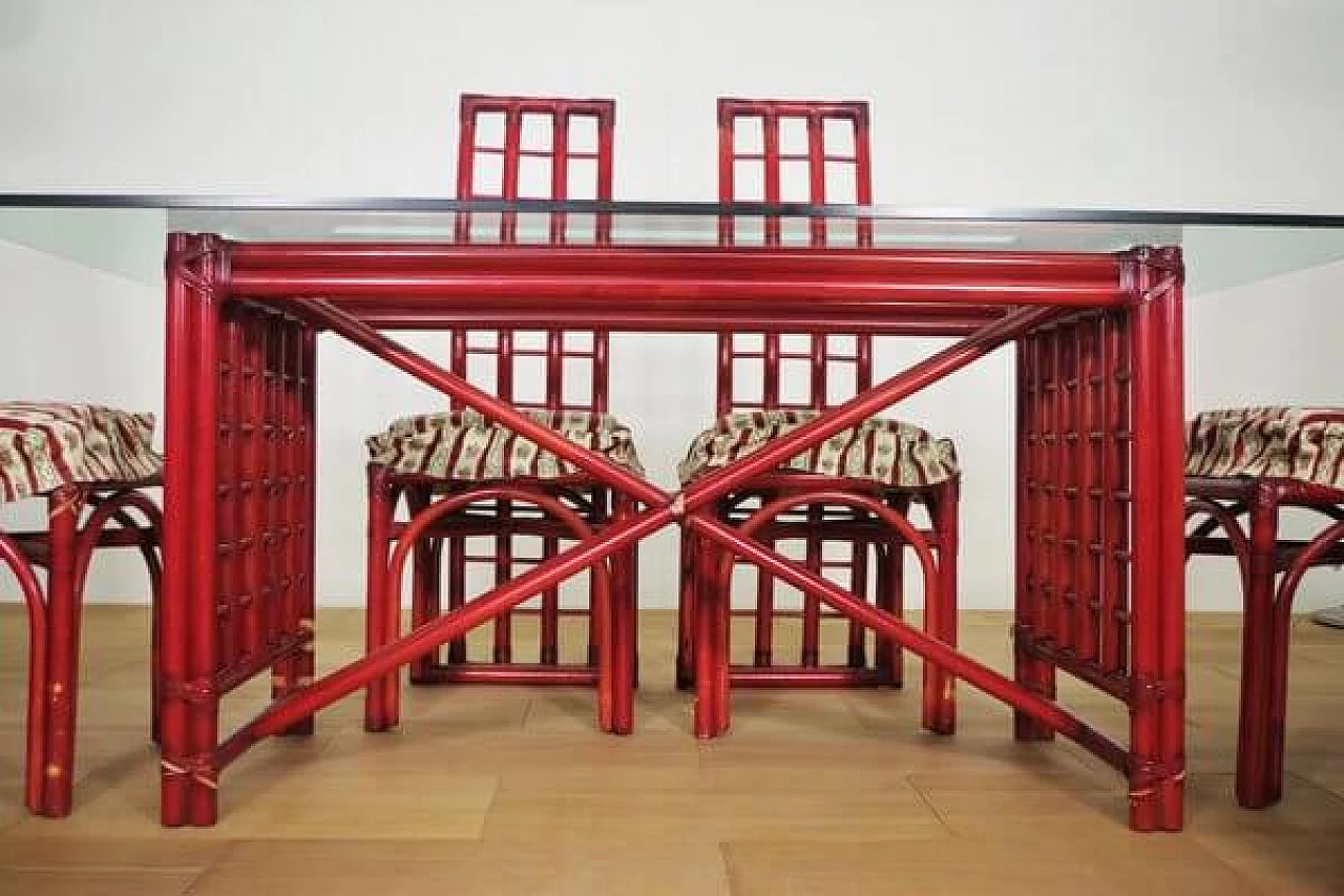 6 Sedie e tavolo in bambù rosso di Arturo Pozzoli, anni '80 1470721