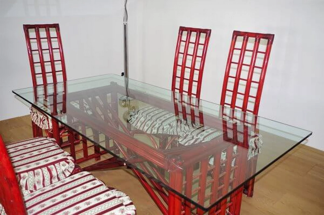 6 Sedie e tavolo in bambù rosso di Arturo Pozzoli, anni '80 1470722