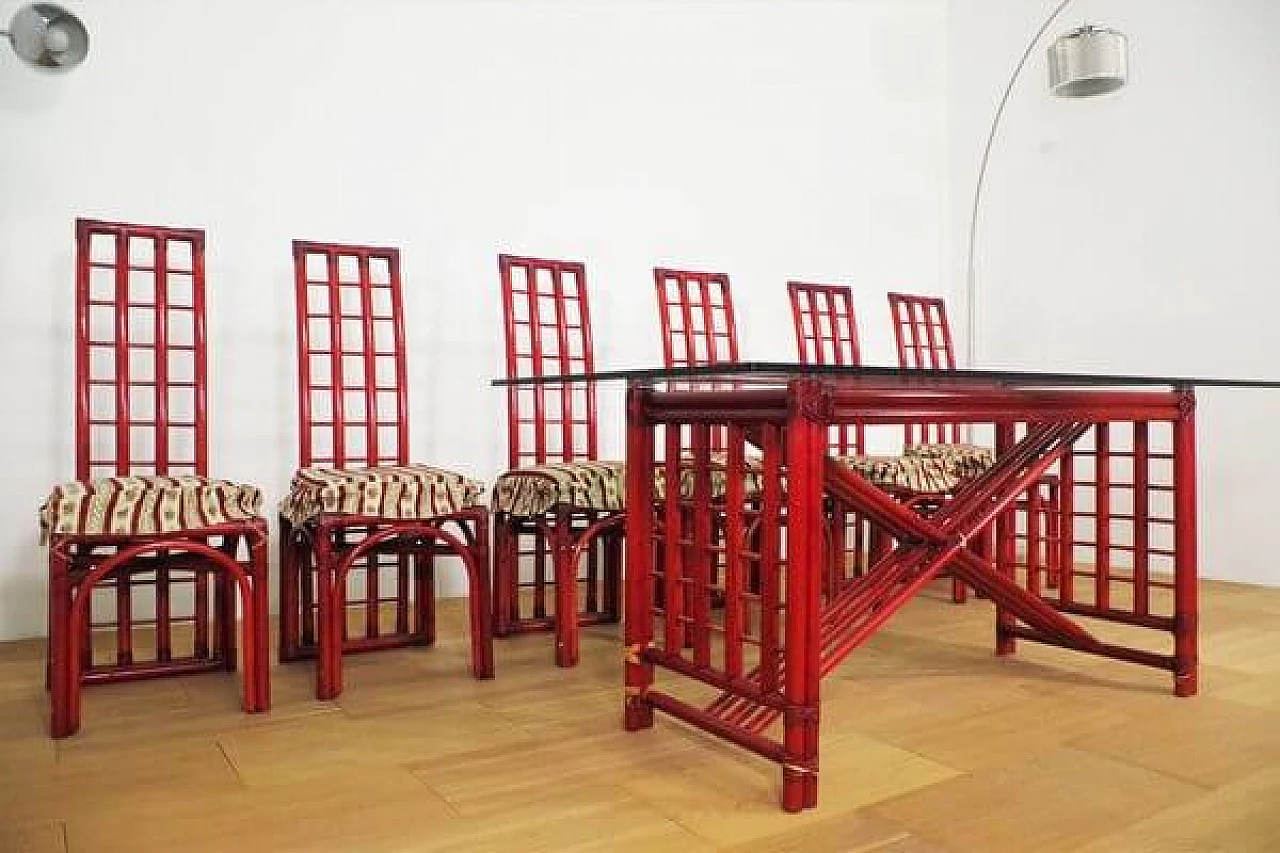 6 Sedie e tavolo in bambù rosso di Arturo Pozzoli, anni '80 1470725